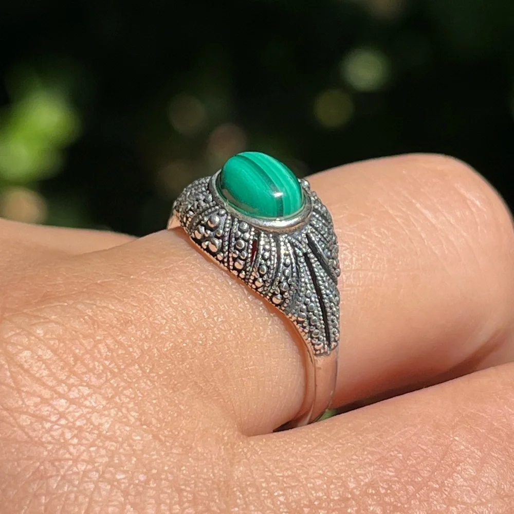 Sterling silver adjustable natural malachite ring‎